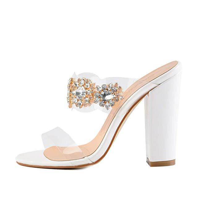 Summer White Rhinestone Chunky Heel Sandals