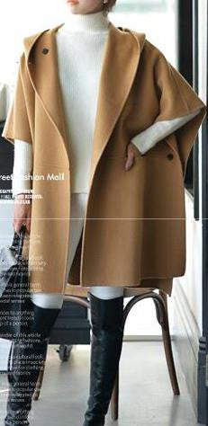 Hooded Lapel Bat-wing Sleeves Mid-length Woolen Coat