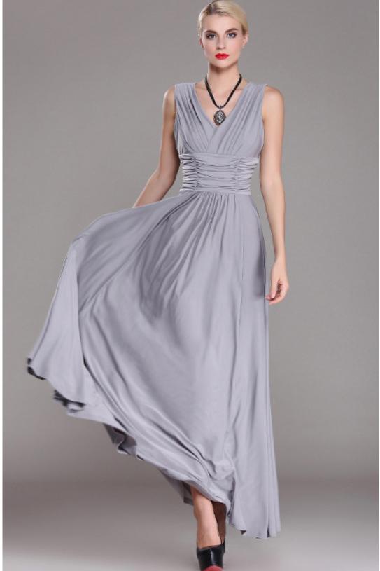 V-Neck Sleeveless Loose High Waist Ankle-length Pure Color Dress