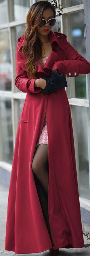 Turn-down Collar Woolen Slim Full Length Coat - May Your Fashion - 1