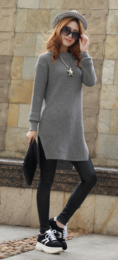 Scoop Ribbed Knit Solid Split Asymmetric Sweater