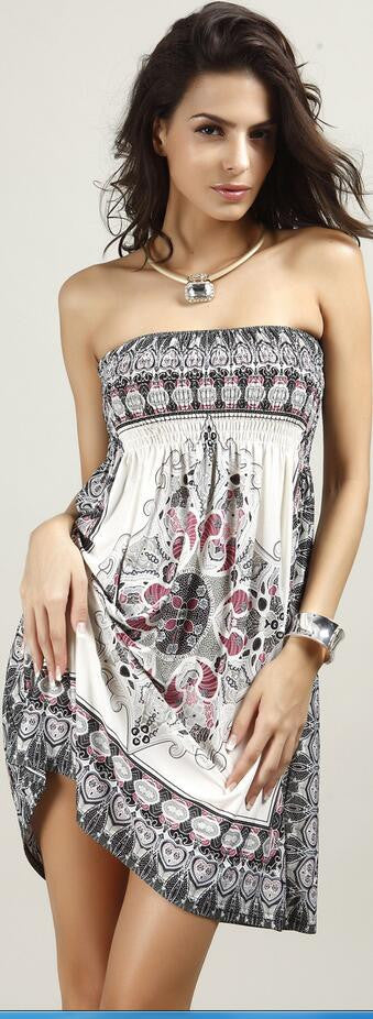Fashion Strapless Floral Print Pleated Short Dress