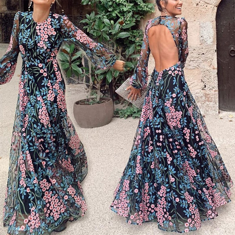 Floral Long Sleeve Backless Slim Maxi Dress