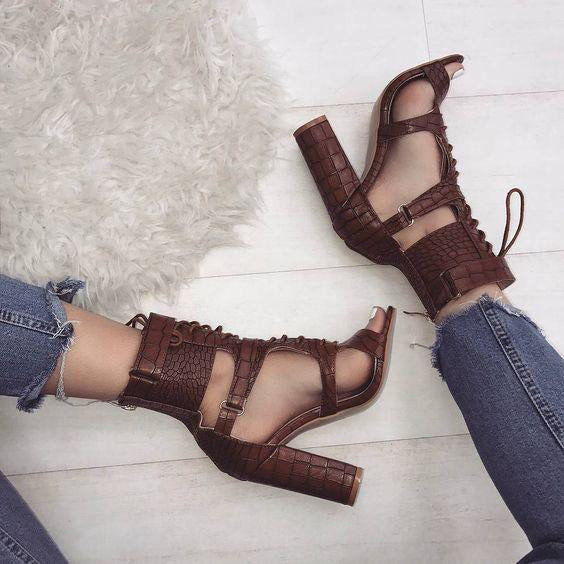 Lace UP Ankle Wraps Open Toe High Chunky Heels Sandals