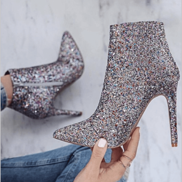 High Heel Glitter Pointer Toe Silver Ankle Boots