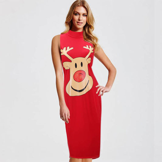 Christmas Sleeveless Cartoon Print Midi Dress