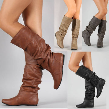 Leather Mid Calf Fold Flat Boots