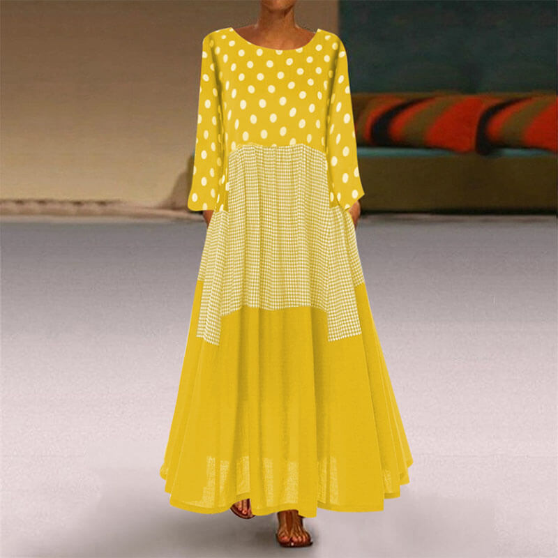 Retro Polka Dots Patchwork Large Hem Long Dress