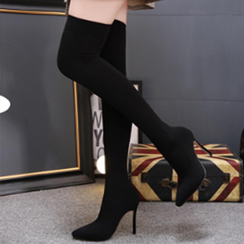 Black High Heel Pointed Toe Sock Over Knee Boots