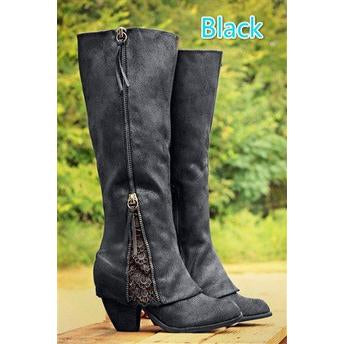Lace Patchwork Side Zipper Chunky Low Heels Knee Boots