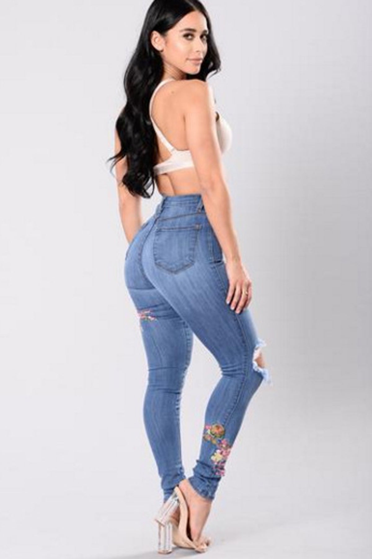 Flower Embroidery Middle Waist Cut Out Holes Long Skinny Jeans