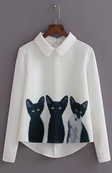 Three Cats Flower Print Turn-down Collar Pullover Blouse - May Your Fashion - 1
