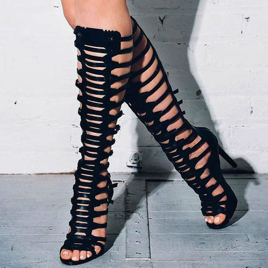 Leather Cutout Open Toe High Heel Gladiators Knee High Boots