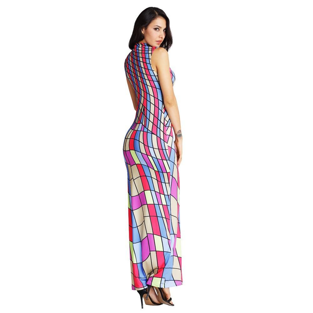 High Neck Stripe Print Colorful Long Dress