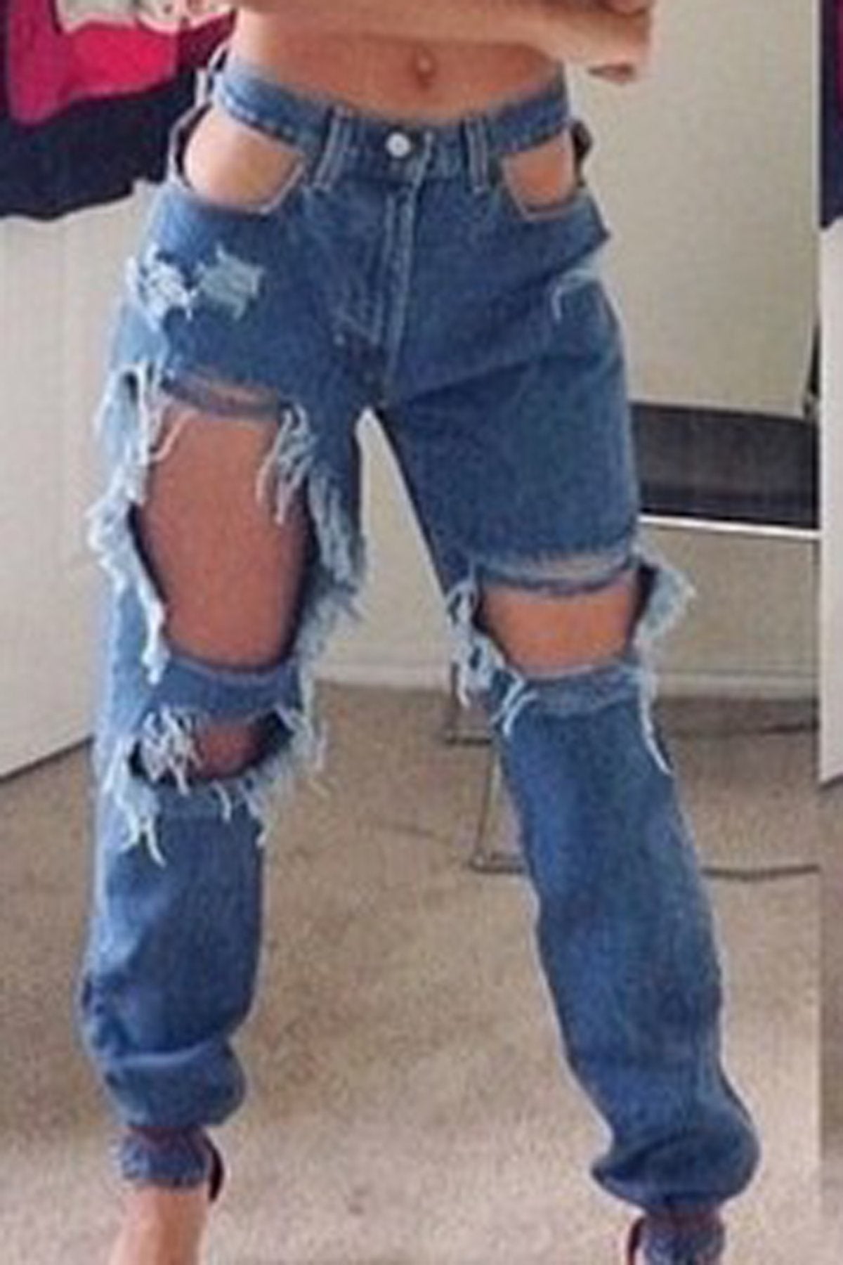 Low Waist Cut Out Rough Holes Long Skinny Jeans