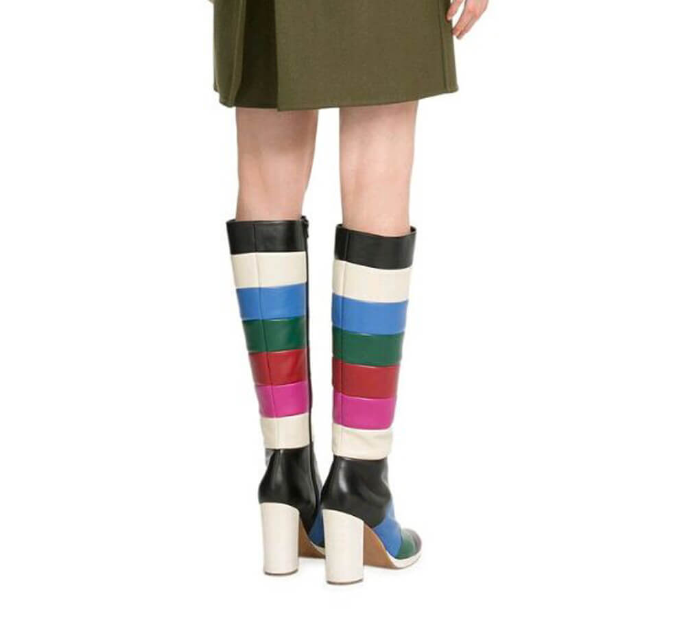 Fashion Color Block Chunky Heel Knee High Boots