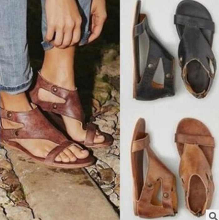 Leather Open Toe Buckle Cutout Flat Sandals