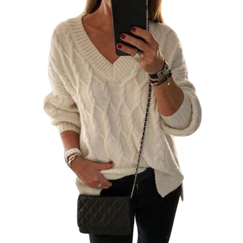V-Neck Cable Knit Long Sleeve Women Sweater