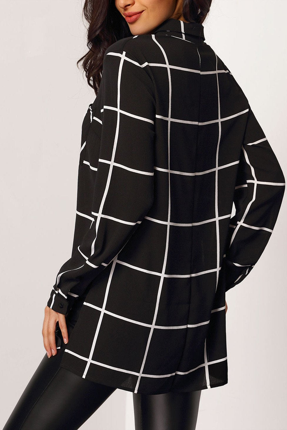 V-neck Plaid Button Long Sleeves Blouse
