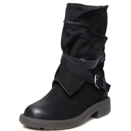 Leather Chunky Low Heel Suede Buckle Calf Boots