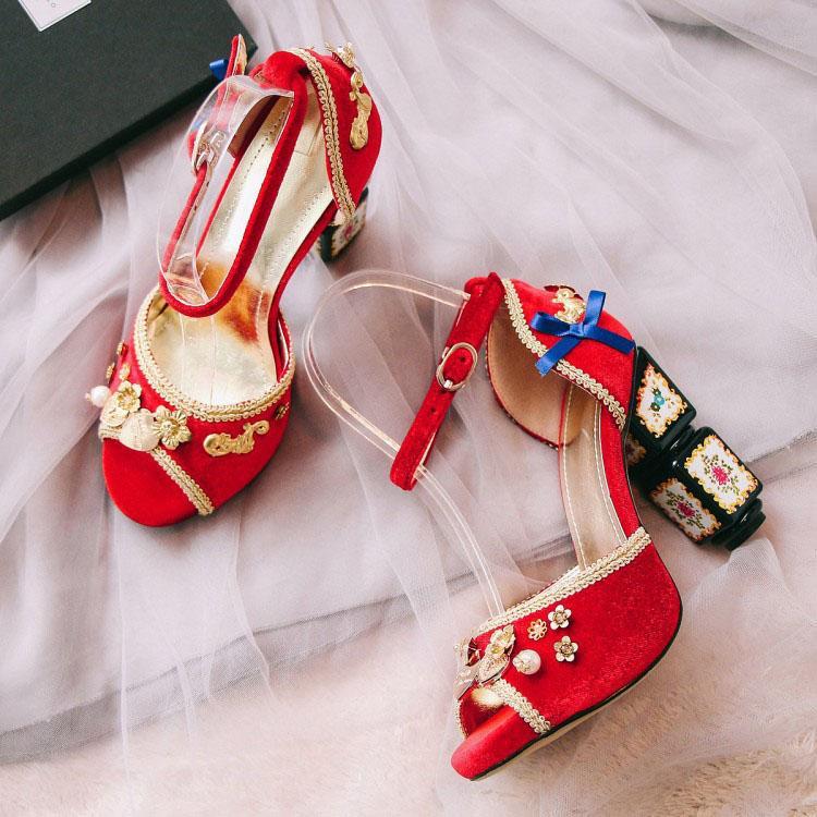 Party Suede Peep Toe Embellished Chunky Heel Sandals