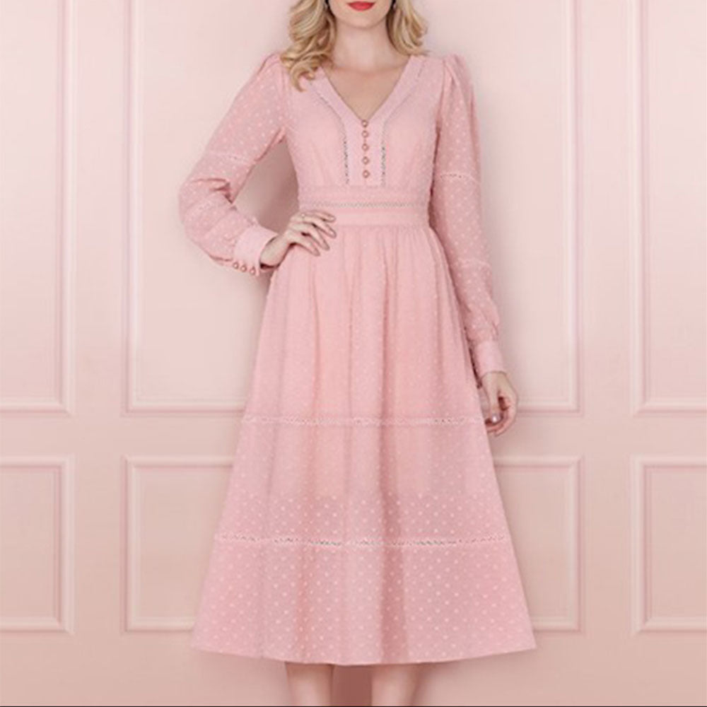 Elegant Pink Long Sleeve High Waist Dress