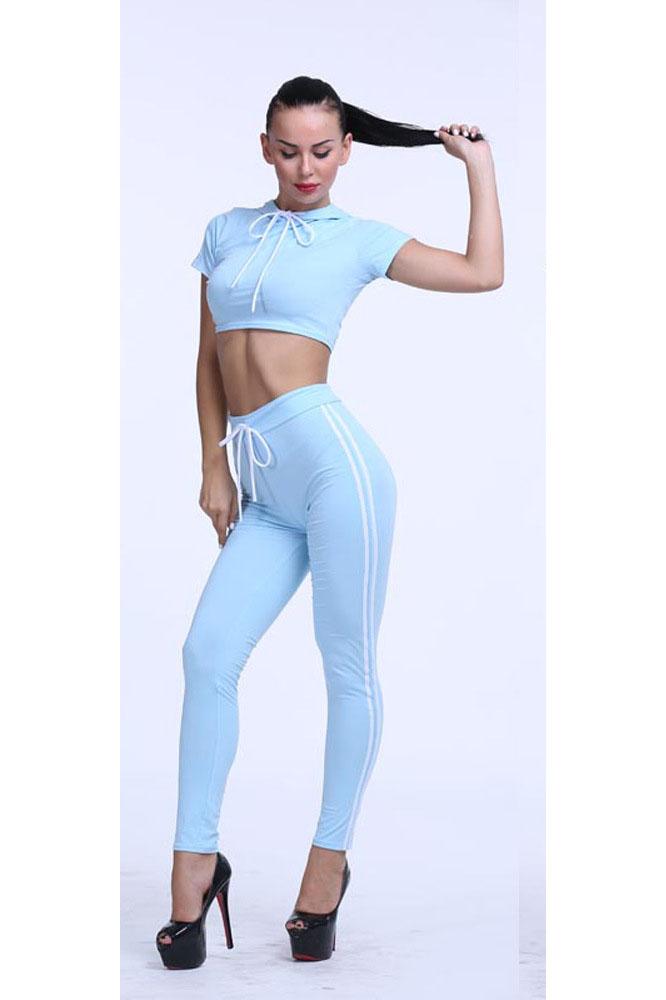 Splicing Hooded Crop Top with Skinny Pants Two Pieces Set