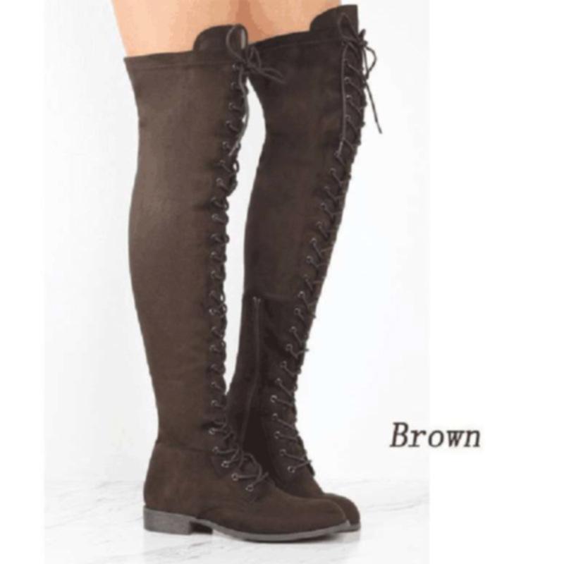 Suede Low Chunky Heel Lace Up Side Zipper Over the Knee Boots