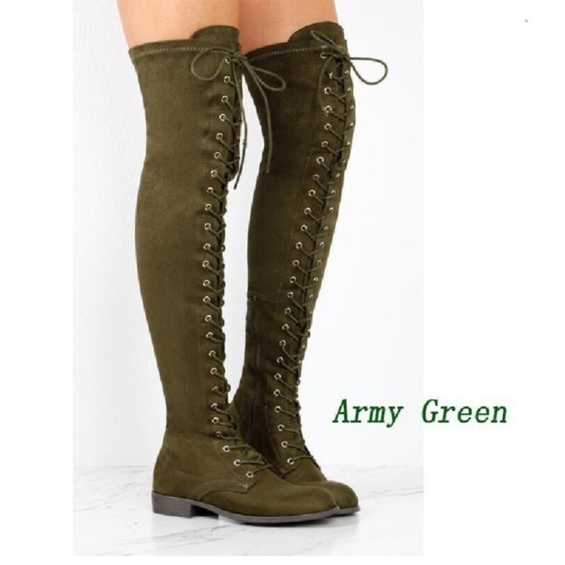 Suede Low Chunky Heel Lace Up Side Zipper Over the Knee Boots