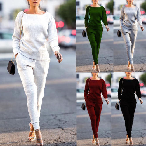 Solid Color Loose Top with Long Loose Pants Women Two Pieces Set