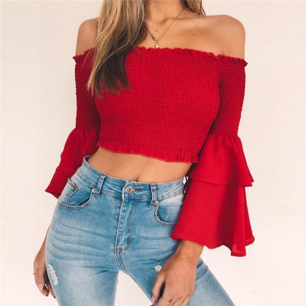 Ruffle Off Shoulder Pure Color Long Trumpet Sleeves Women Short Crop T ...