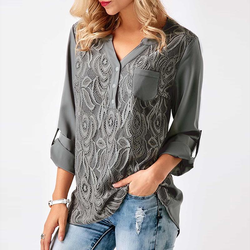 V-neck Buttons Long Sleeves Pocket Loose Lace Blouse