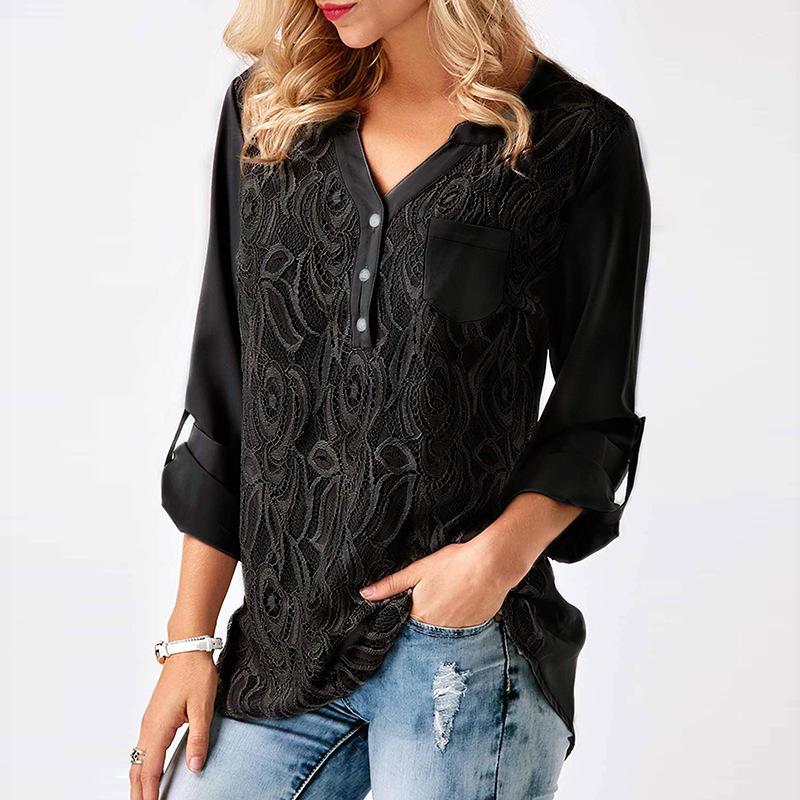 V-neck Buttons Long Sleeves Pocket Loose Lace Blouse