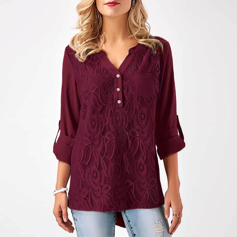 V-neck Buttons Long Sleeves Pocket Loose Lace Blouse