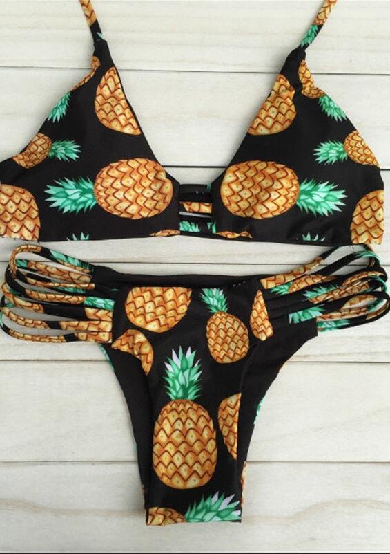 Pineapple Print Straps Hollow Out Halter Bikini Set