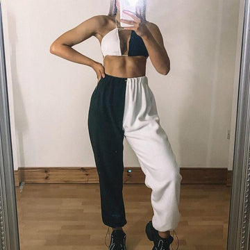 Fashion High Waist Loose Elastic Ankle Colorblock Pants