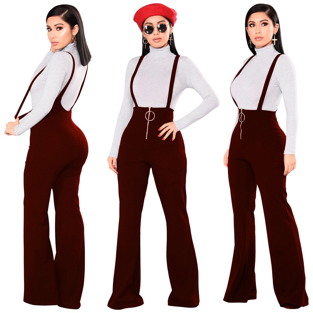 High Waist Pure Color Loose Wide-leg Long Rompers Pants