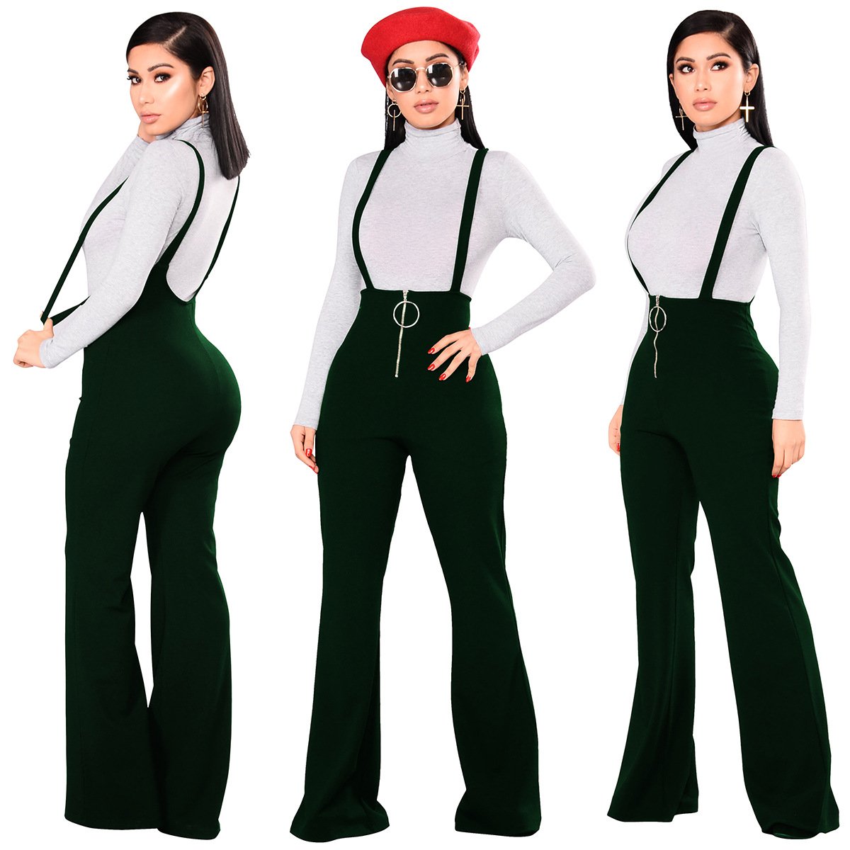 High Waist Pure Color Loose Wide-leg Long Rompers Pants