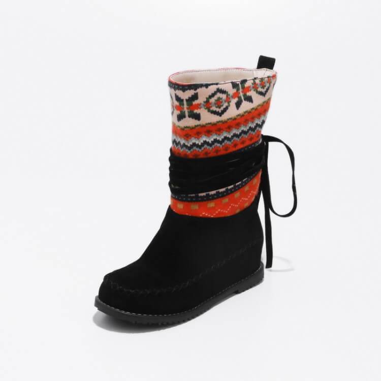 Flat Suede Round Toe Ethnic Trend Calf Boots