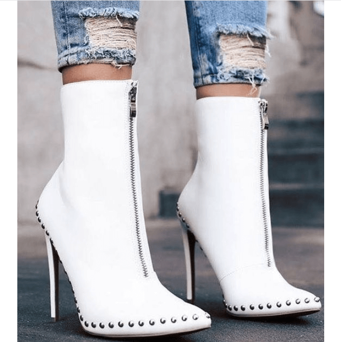 Leather High Heel Rivet Zipper Calf Boots