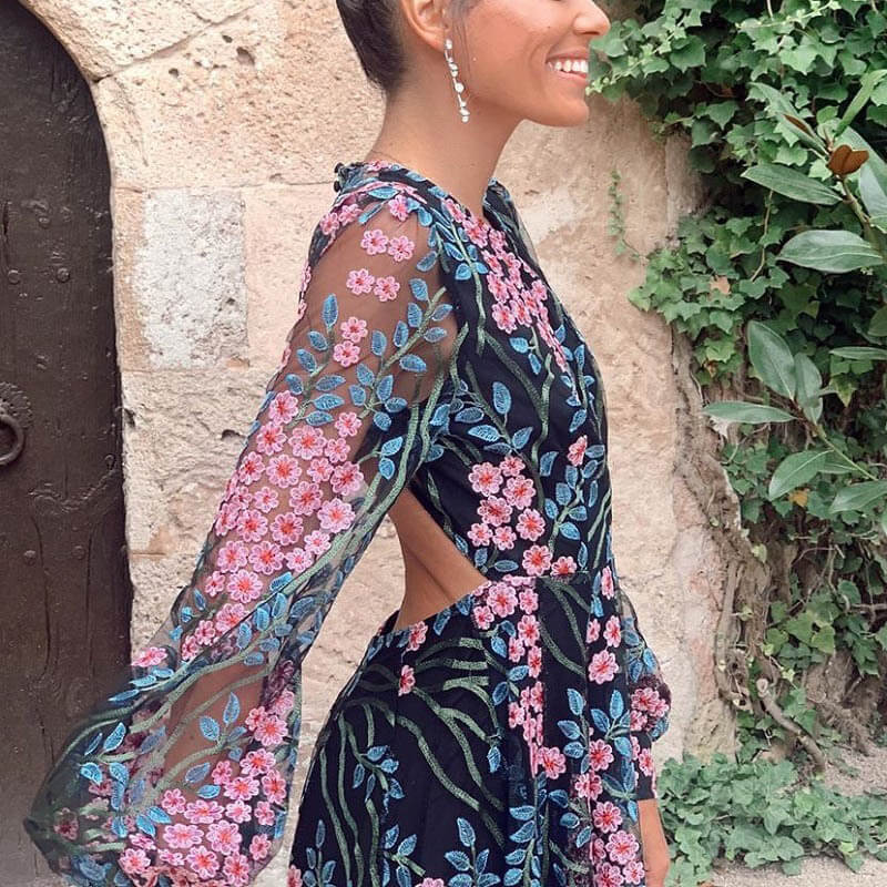 Floral Long Sleeve Backless Slim Maxi Dress