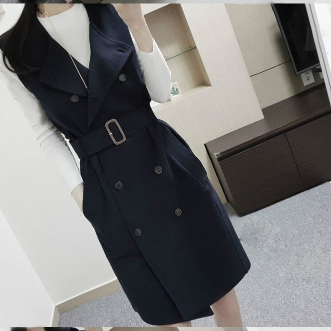 Stand Collar Double Breasted Hasp Slim Long Two Pieces Coat