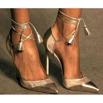 Free Shipping Clearence Shinning Ankle Wrap Straps Tassels Pointed Toe Stiletto High Heels