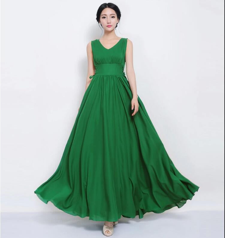 Beautiful Scoop Sleeveless Print Long Pleated Chiffon Dress