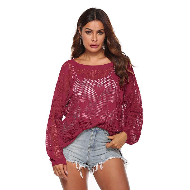 Crewneck Hollow Out Sheer Hearts Sweater