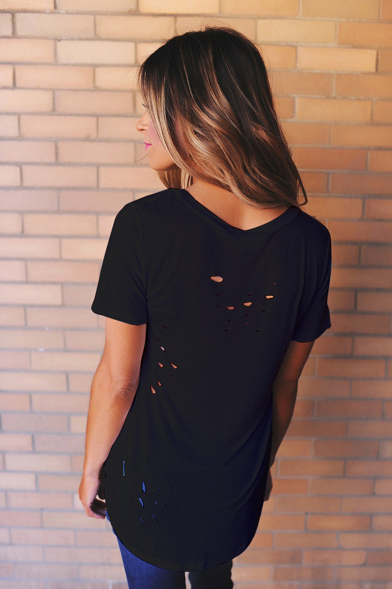 V-neck Candy Color Cut Out Short Sleeves T-shirt