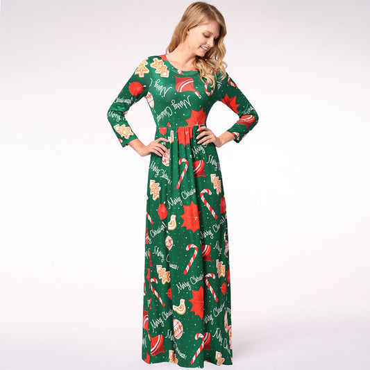 Christmas Print 3/4 Sleeve Maxi Dress