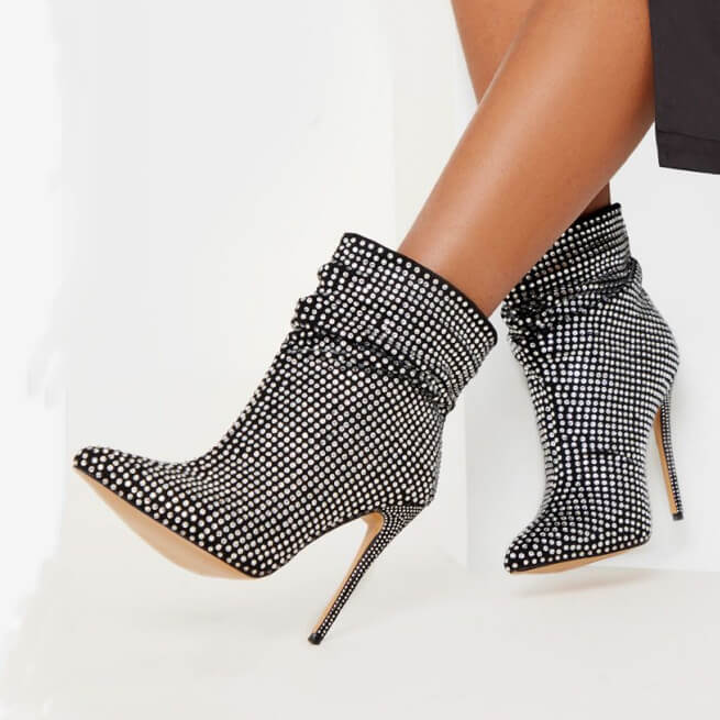 Black Rhinestone Pointed Toe Ankle Boots