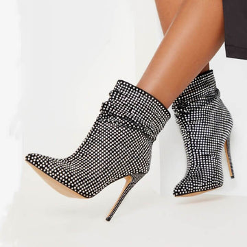 Black Rhinestone Pointed Toe Ankle Boots