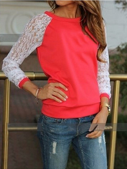 Lace Splicing Scoop Pullover Loose Long Sleeve T-shirt